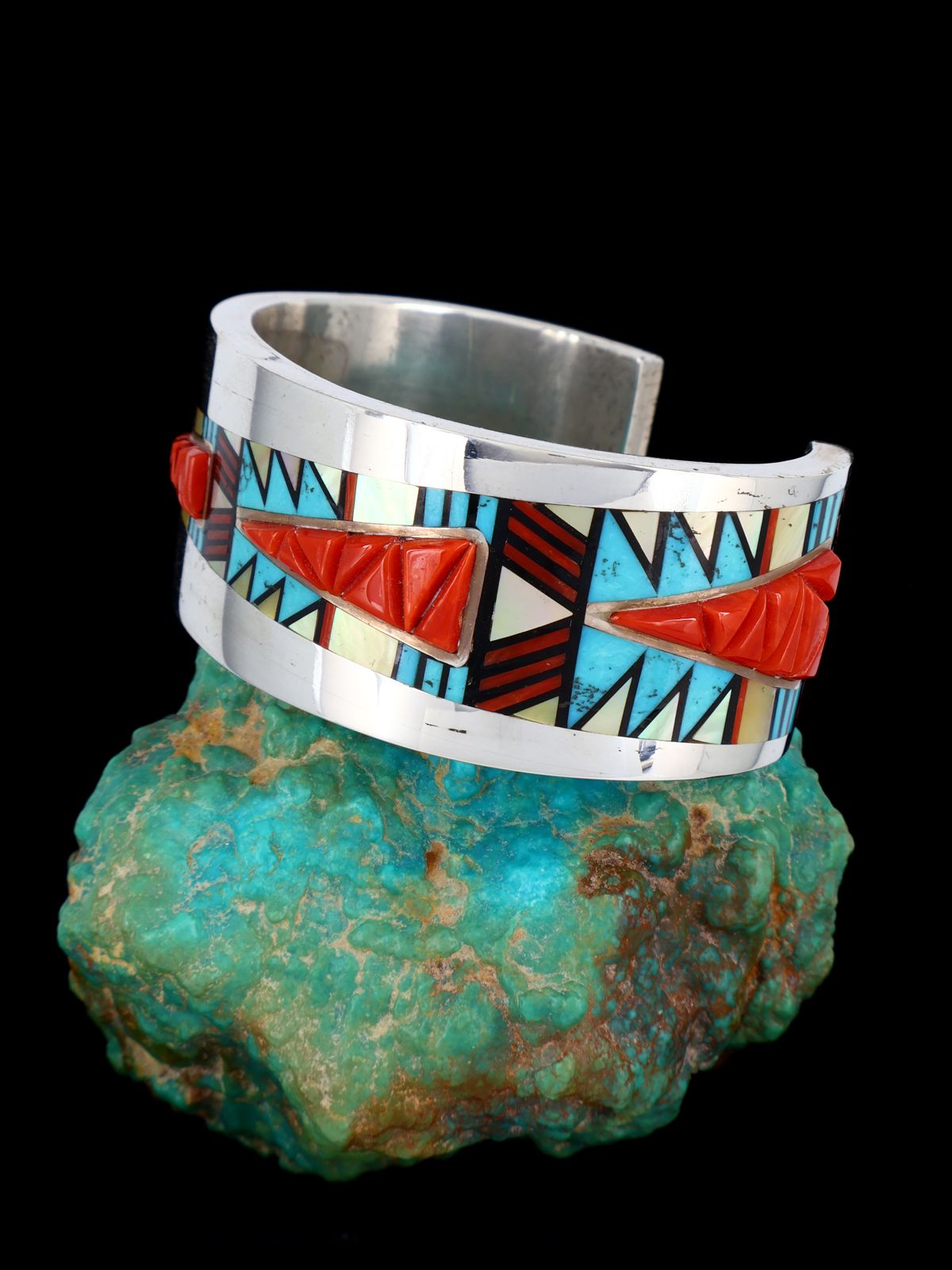 Vintage Navajo Multistone Inlay Sterling Silver Cuff Bracelet