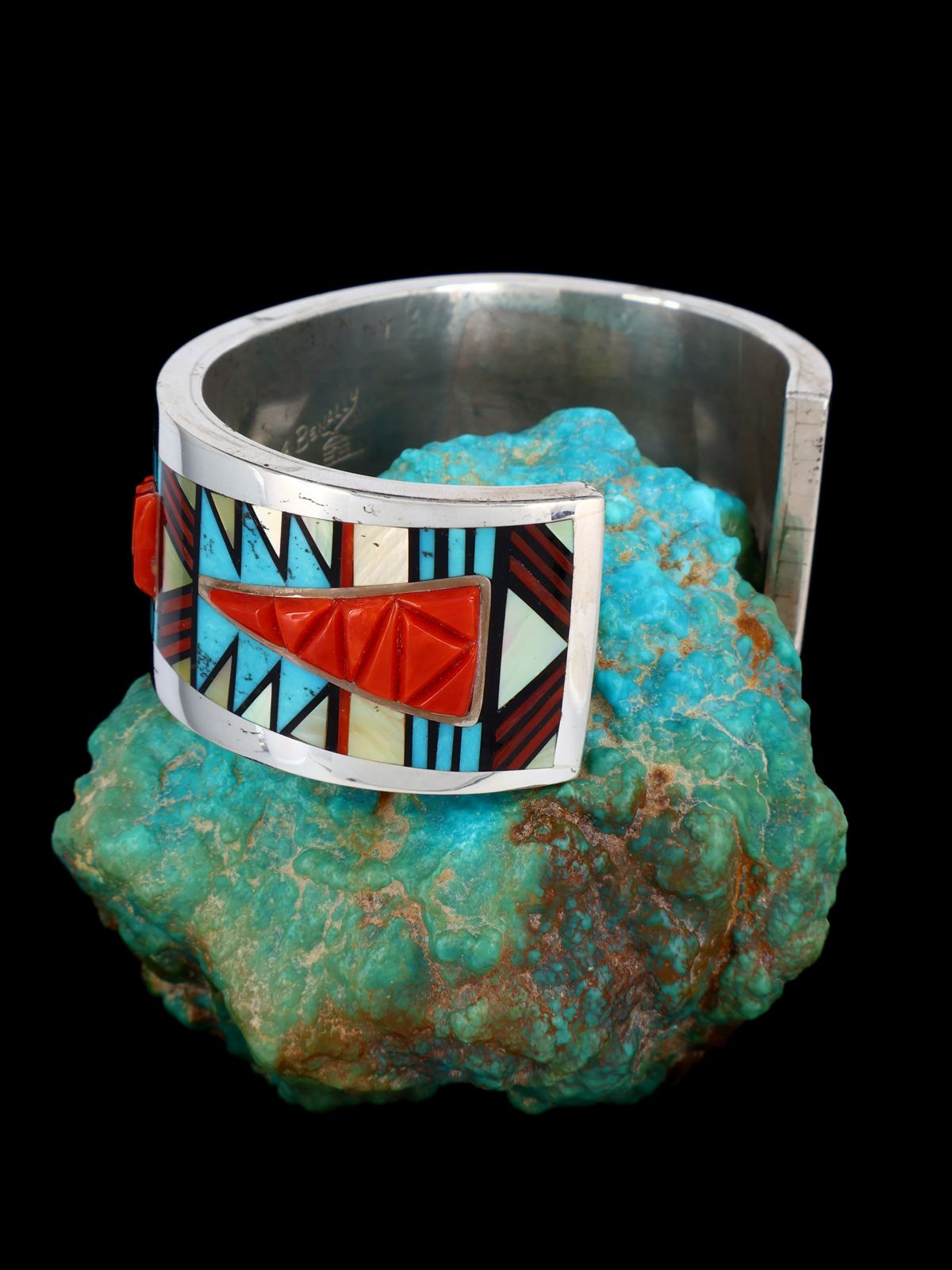 Vintage Navajo Multistone Inlay Sterling Silver Cuff Bracelet