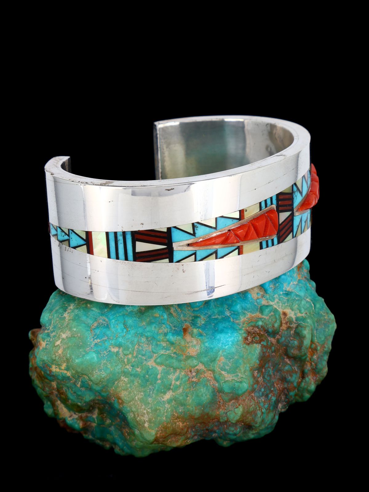 Vintage Navajo Multistone Inlay Sterling Silver Cuff Bracelet