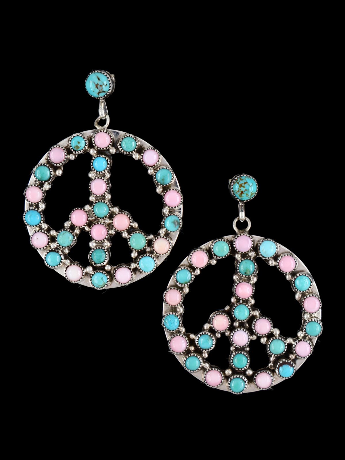 Navajo Pink Conch and Turquoise Peace Sign Post Earrings