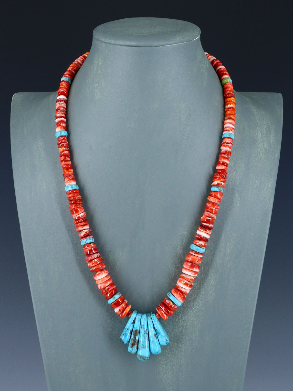 Native American Jewelry Single Strand Red Spiny Oyster and Turquoise Necklace