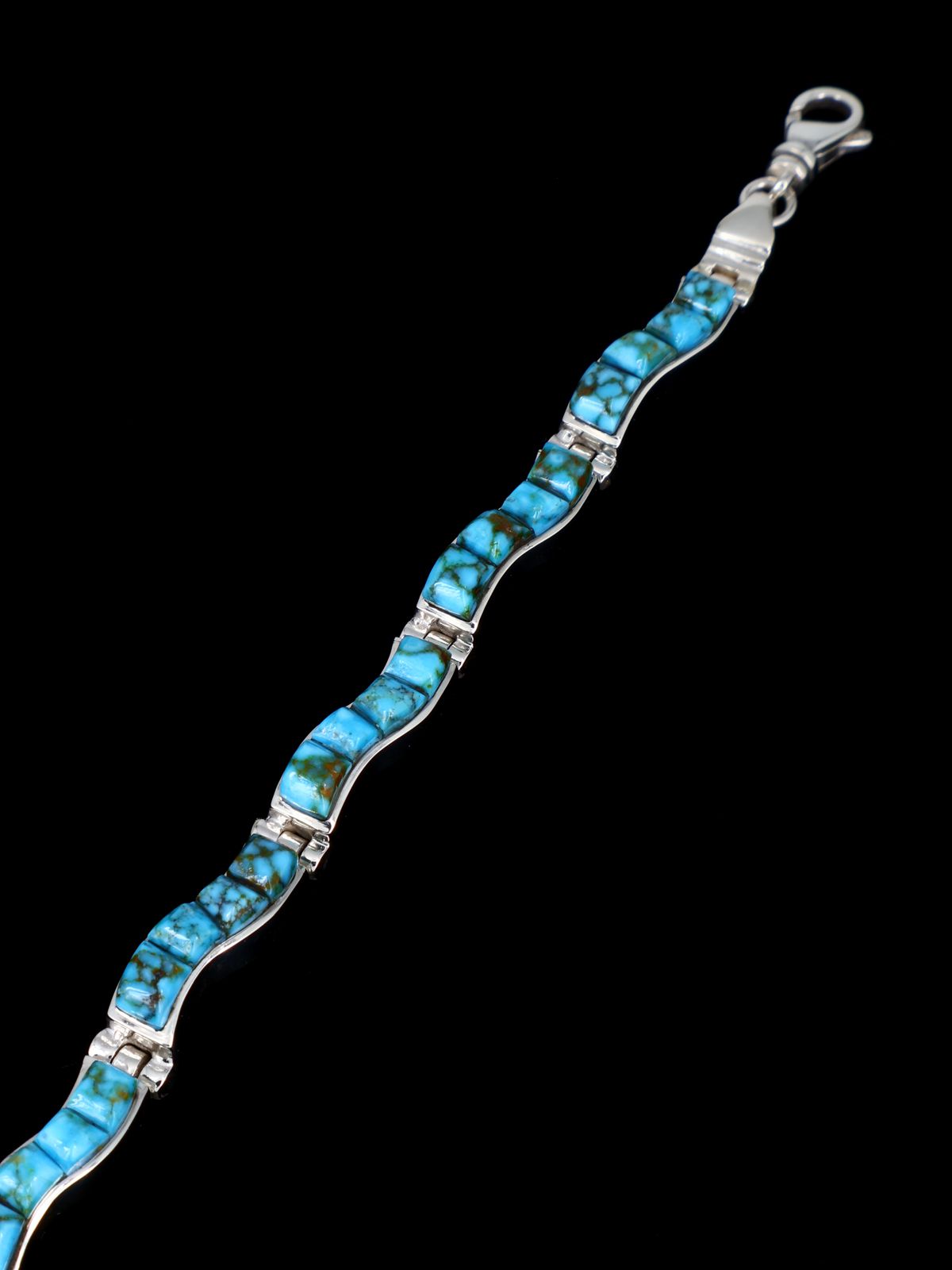 Native American Sterling Silver Kingman Turquoise Inlay Link Bracelet