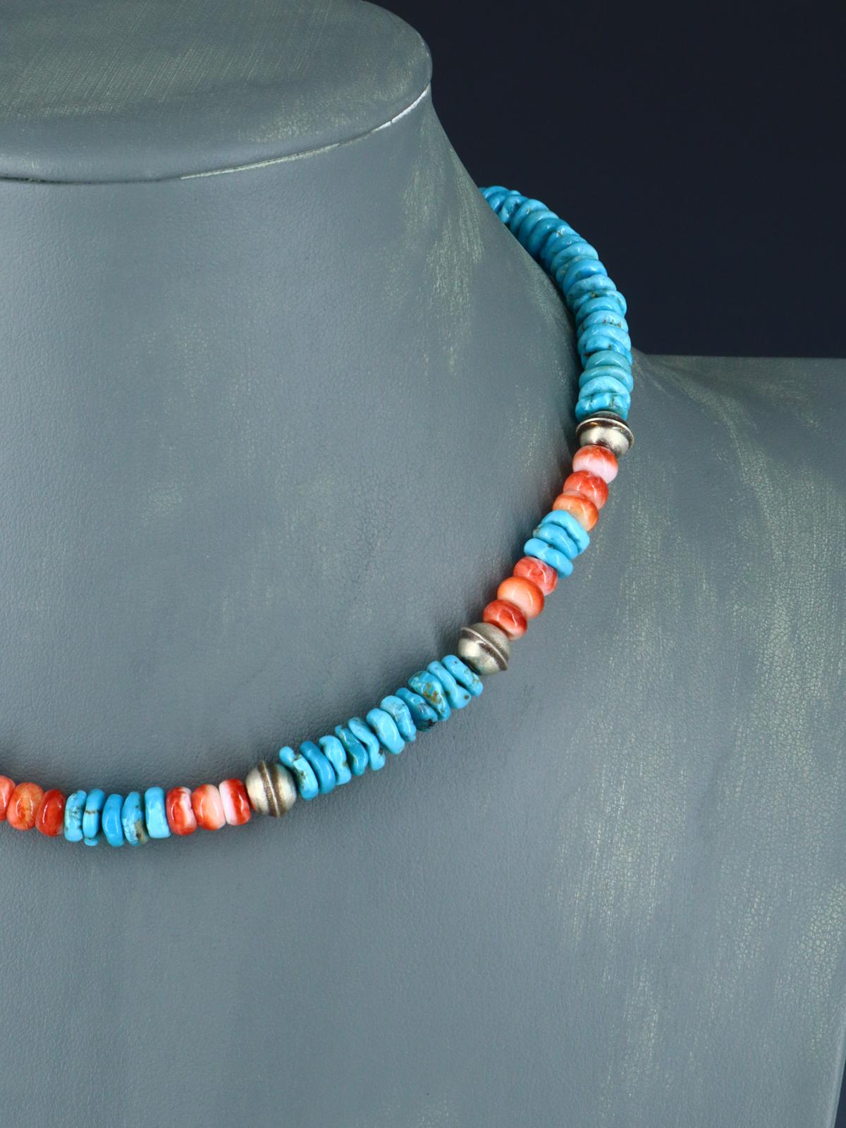 Native American Jewelry Single Strand Turquoise and Spiny Oyster Necklace