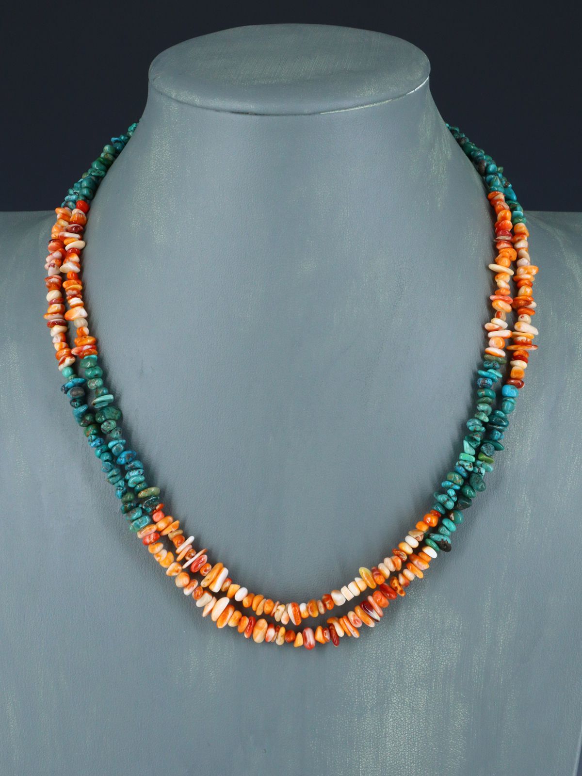 19" Native American Two Strand Turquoise and Spiny Oyster Necklace