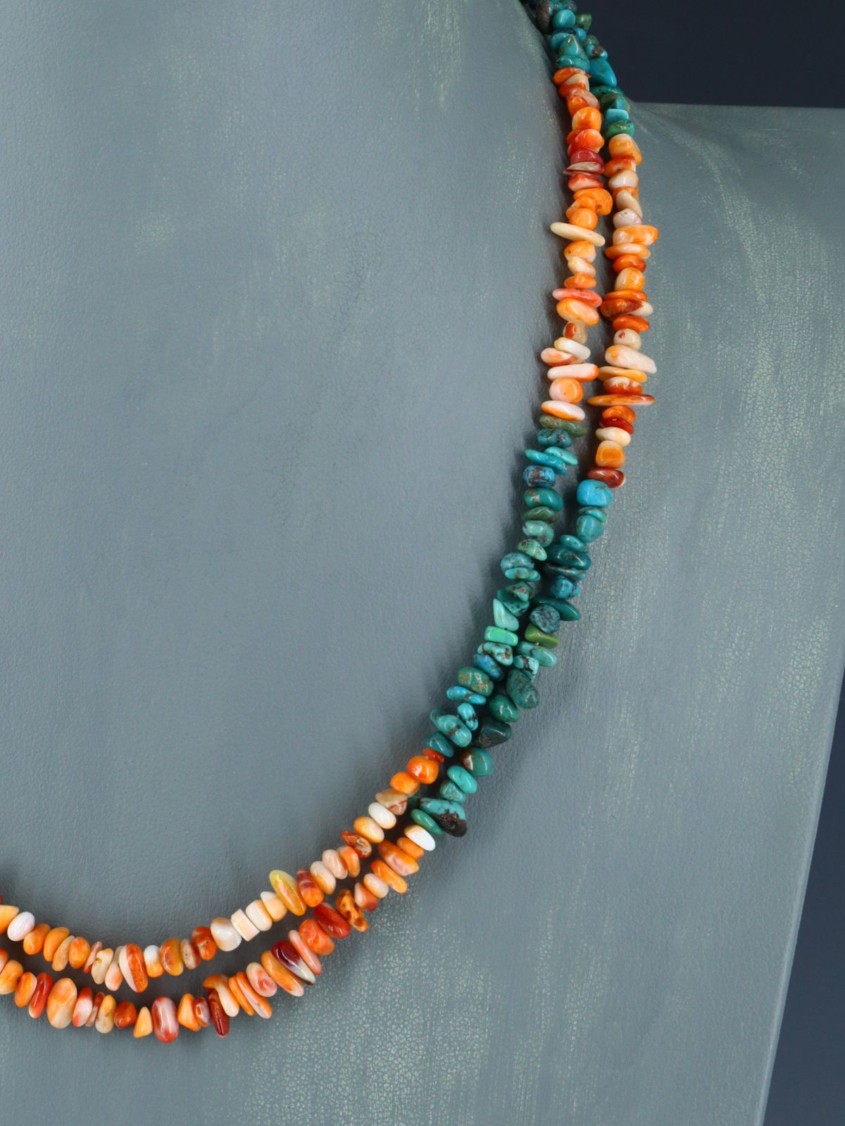 19" Native American Two Strand Turquoise and Spiny Oyster Necklace