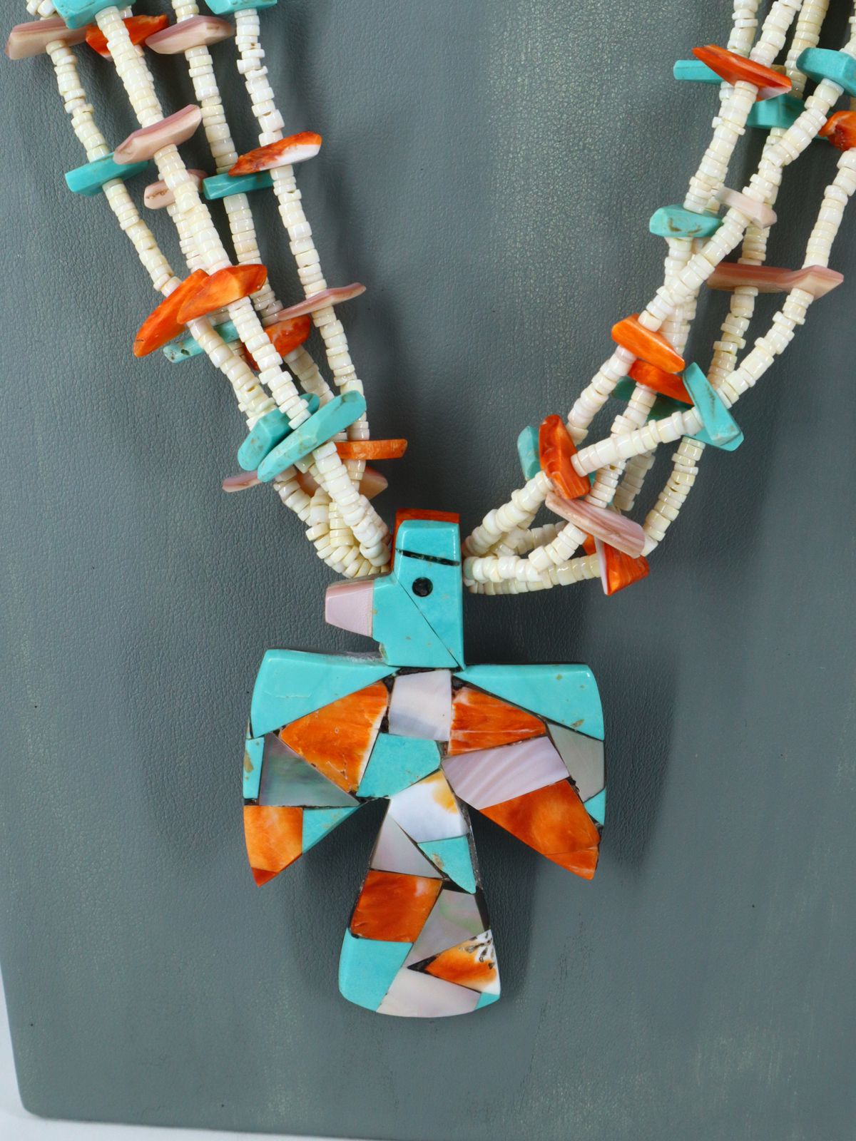 Santo Domingo Jewelry Five Strand Heishi Mosaic Thunderbird Necklace