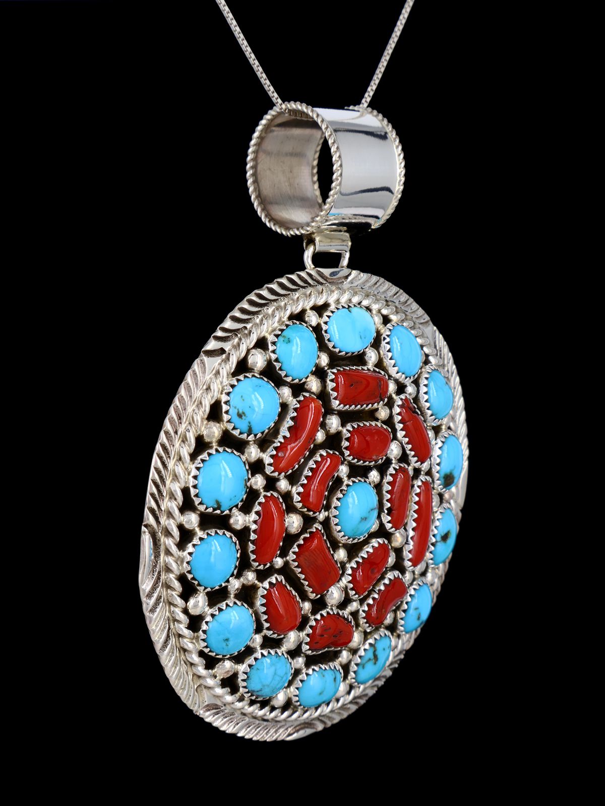 Native American Kingman Turquoise and Coral Cluster Pendant