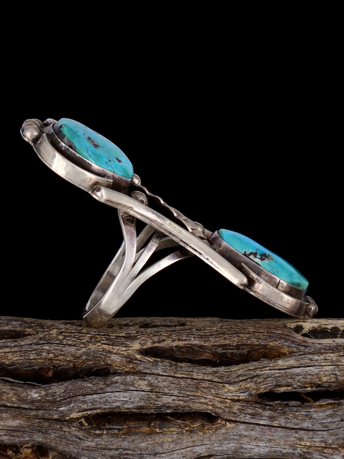 Old Sterling Silver Two Stone Turquoise Ring, Size 8