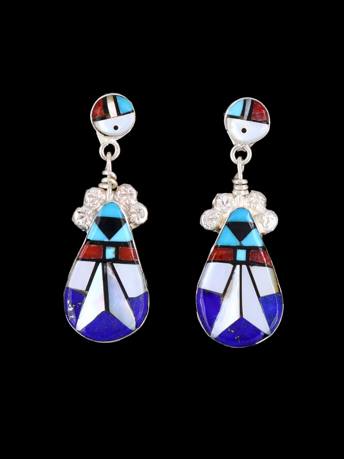Sterling Silver Zuni Inlay Lapis and Mother of Pearl Post Earrings