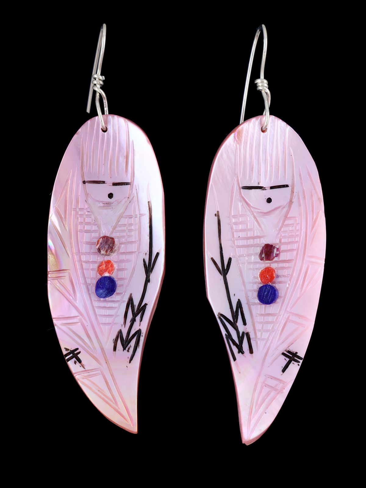 Zuni Inlay Pink Shell Maiden Dangle Earrings