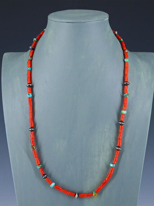 Navajo Natural Coral and Turquoise Single Strand Necklace
