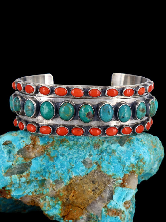 Native Sterling Jewelry Turquoise and Coral Cuff Bracelet