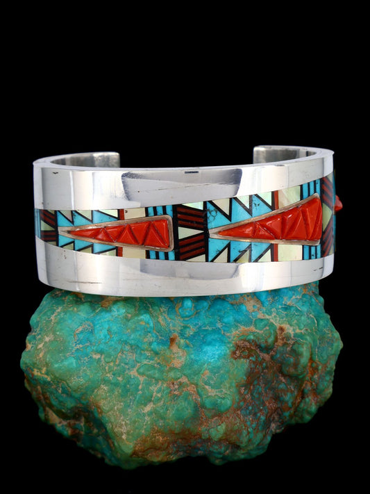 Vintage Navajo Multistone Inlay Sterling Silver Cuff Bracelet