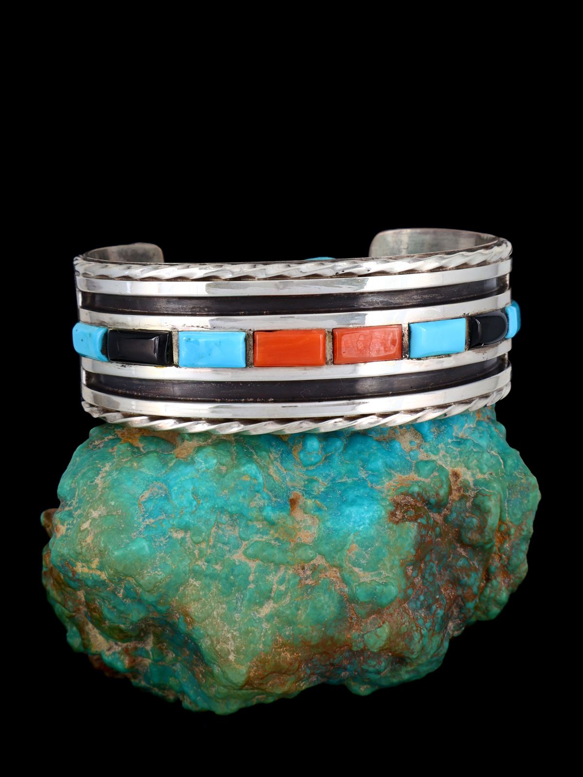 Estate Vintage Native American Sterling Silver Inlay Cuff Bracelet