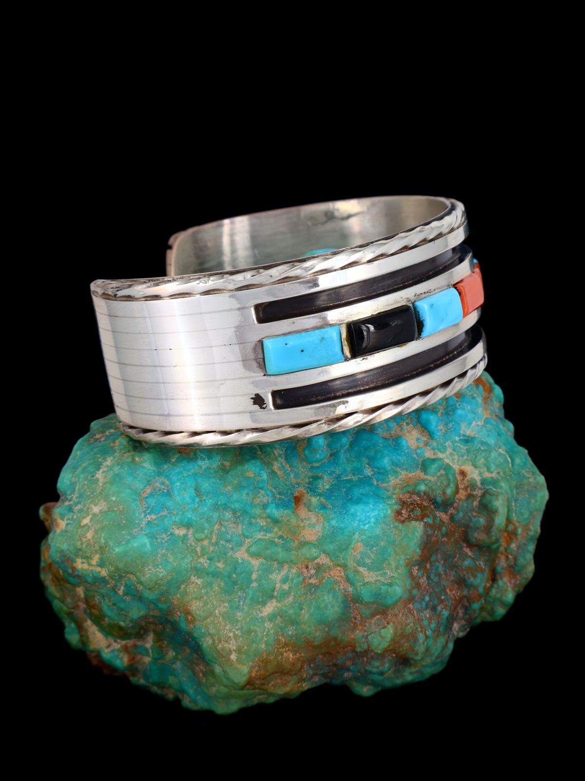 Estate Vintage Native American Sterling Silver Inlay Cuff Bracelet