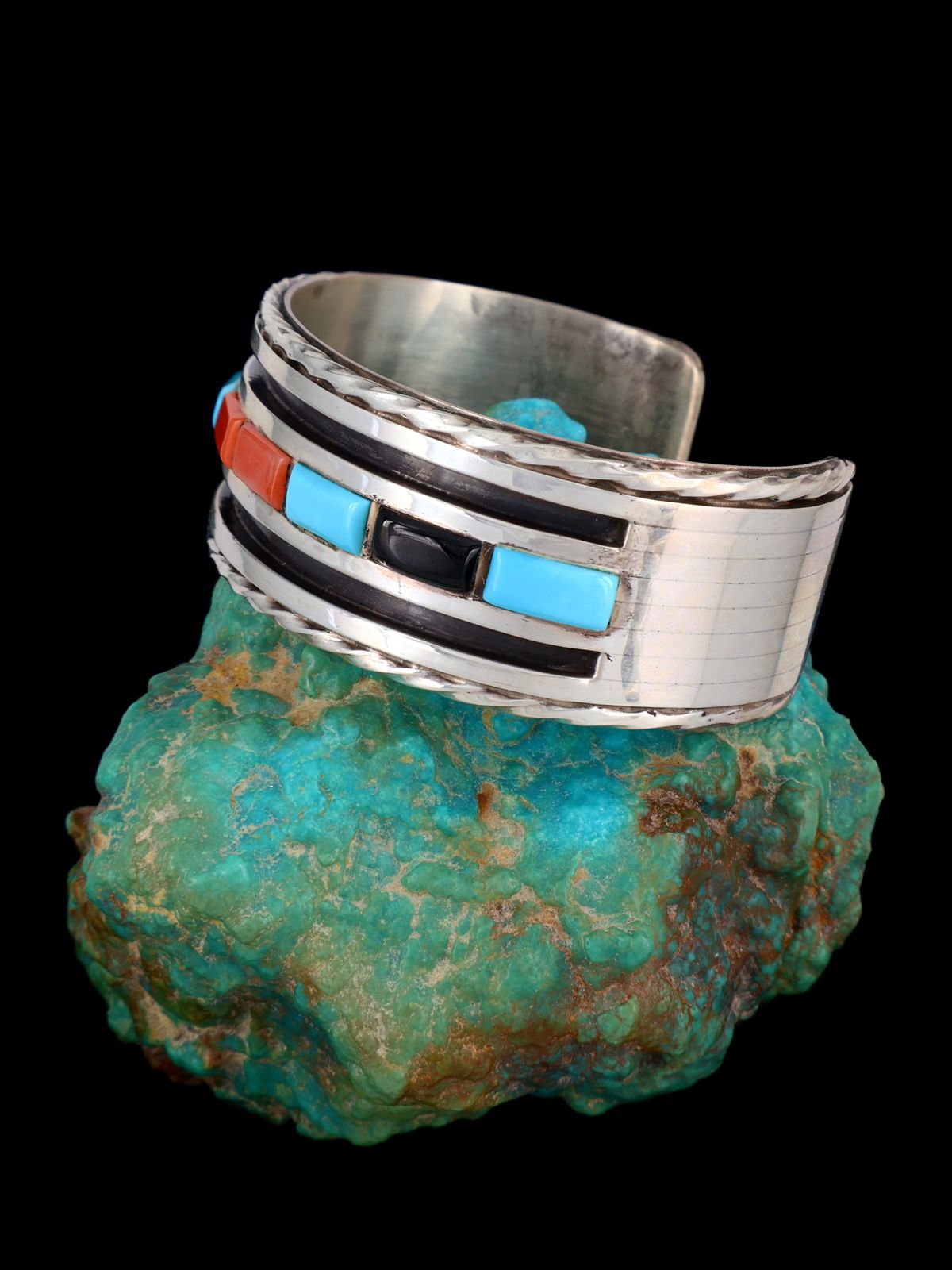 Estate Vintage Native American Sterling Silver Inlay Cuff Bracelet
