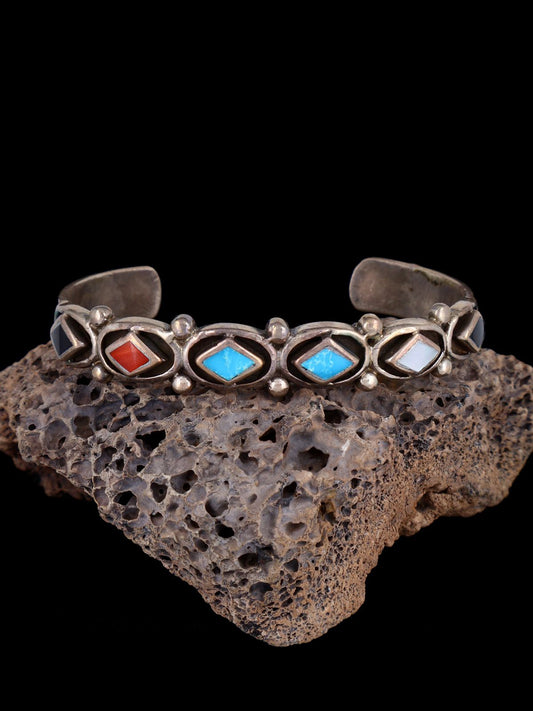 Estate Native American Sterling Silver Inlay Cuff Bracelet