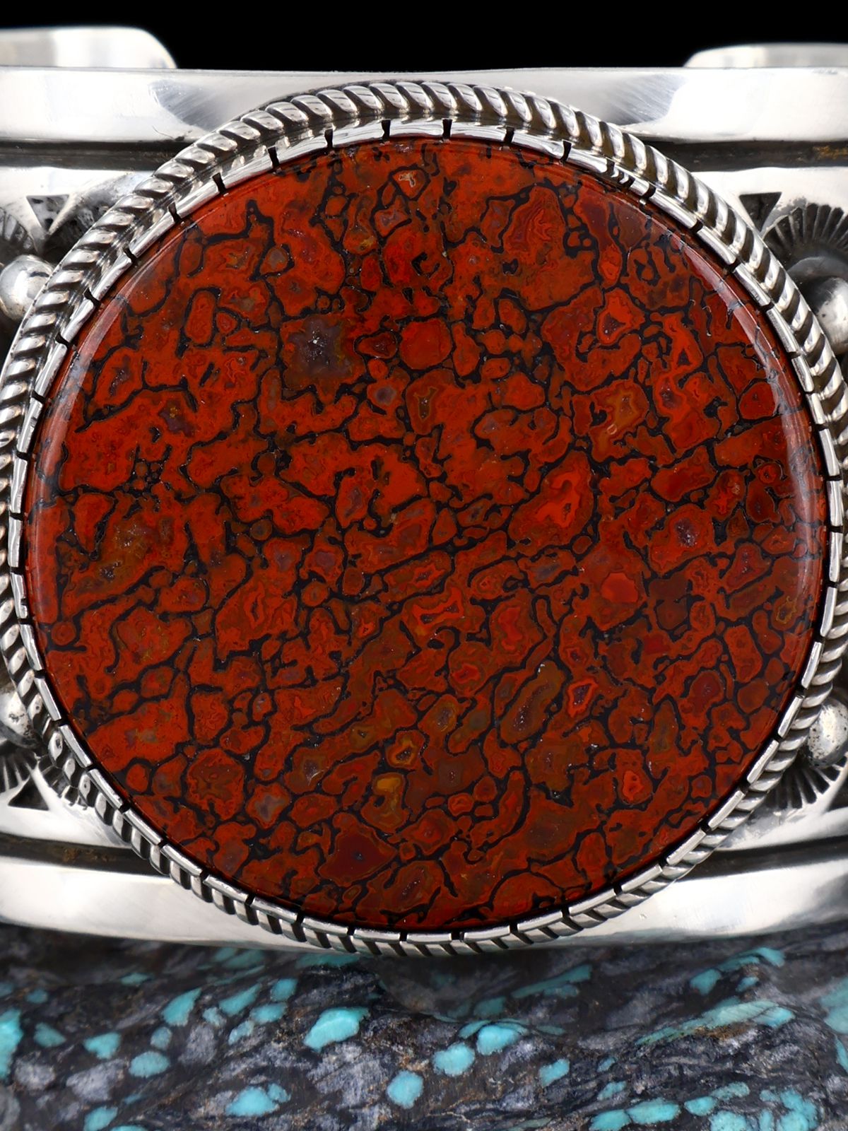 Native Sterling Silver Dinosaur Gembone Cuff Bracelet
