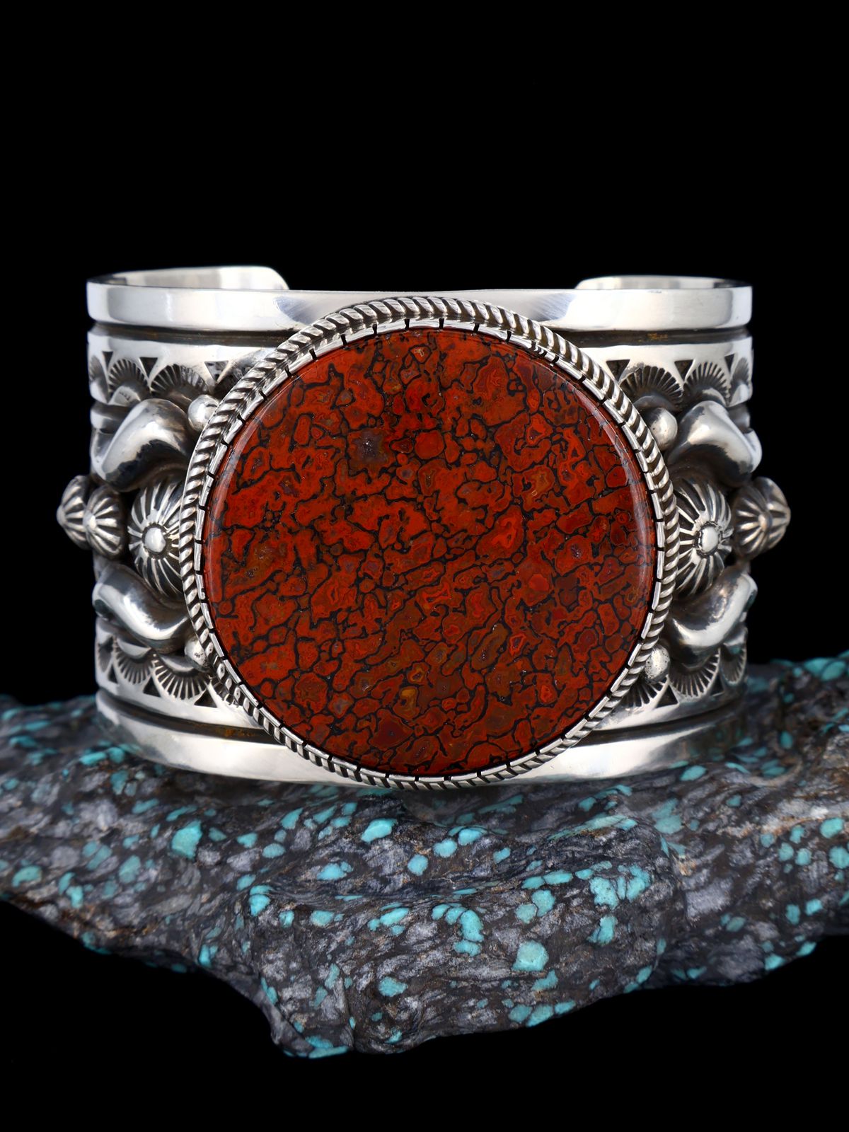 Native Sterling Silver Dinosaur Gembone Cuff Bracelet