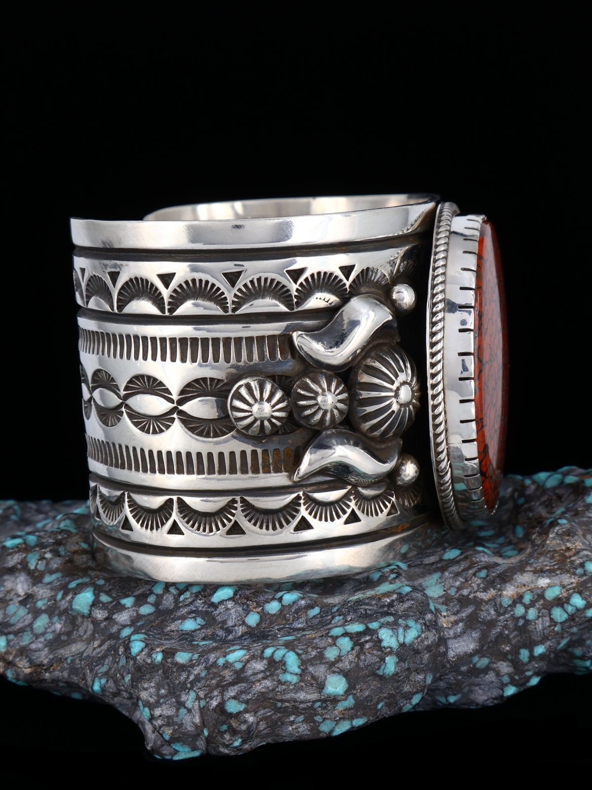 Native Sterling Silver Dinosaur Gembone Cuff Bracelet
