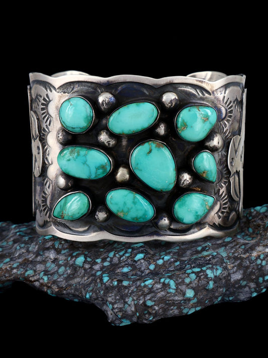 Native American Royston Turquoise Cluster Sterling Silver Cuff Bracelet