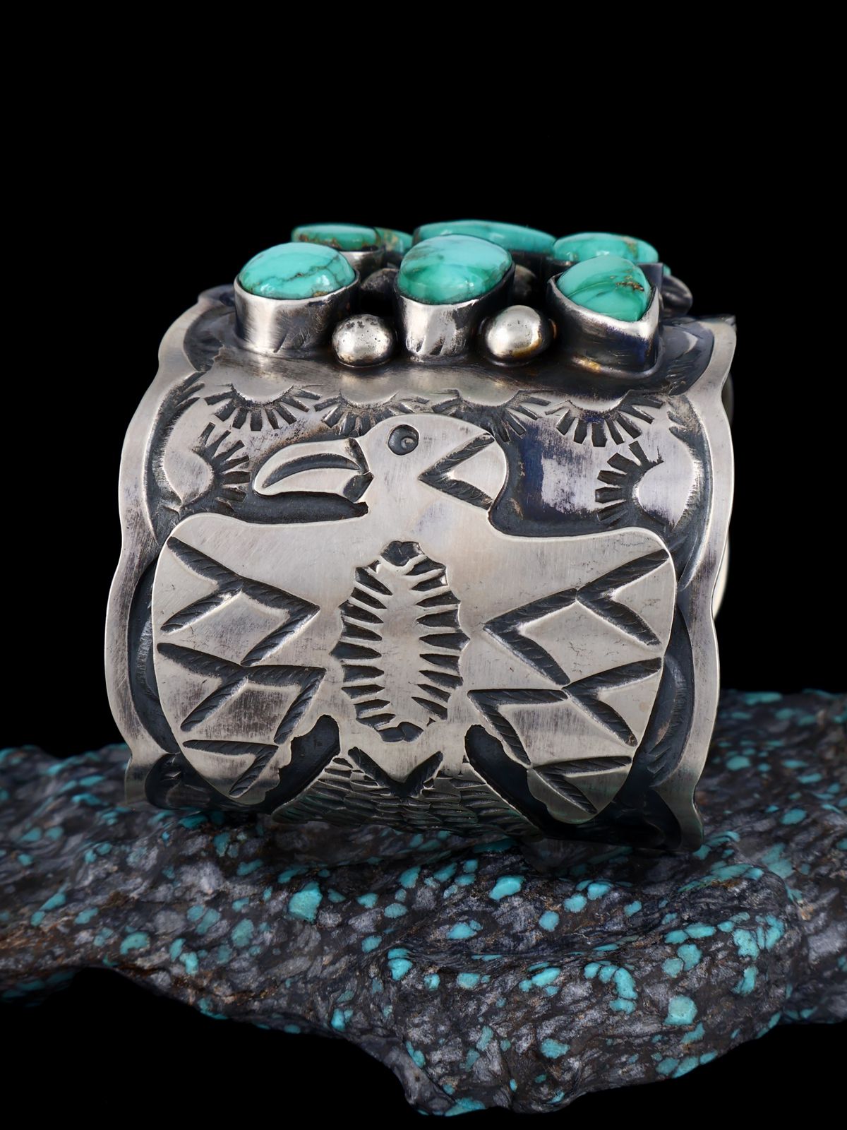 Native American Royston Turquoise Cluster Sterling Silver Cuff Bracelet