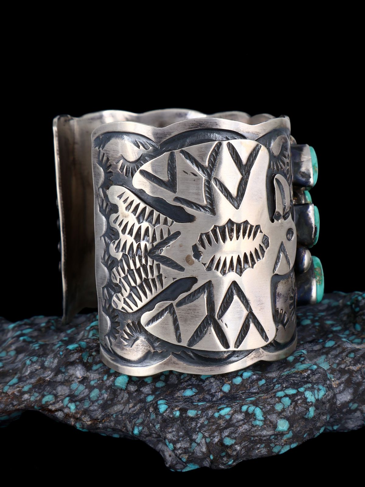 Native American Royston Turquoise Cluster Sterling Silver Cuff Bracelet
