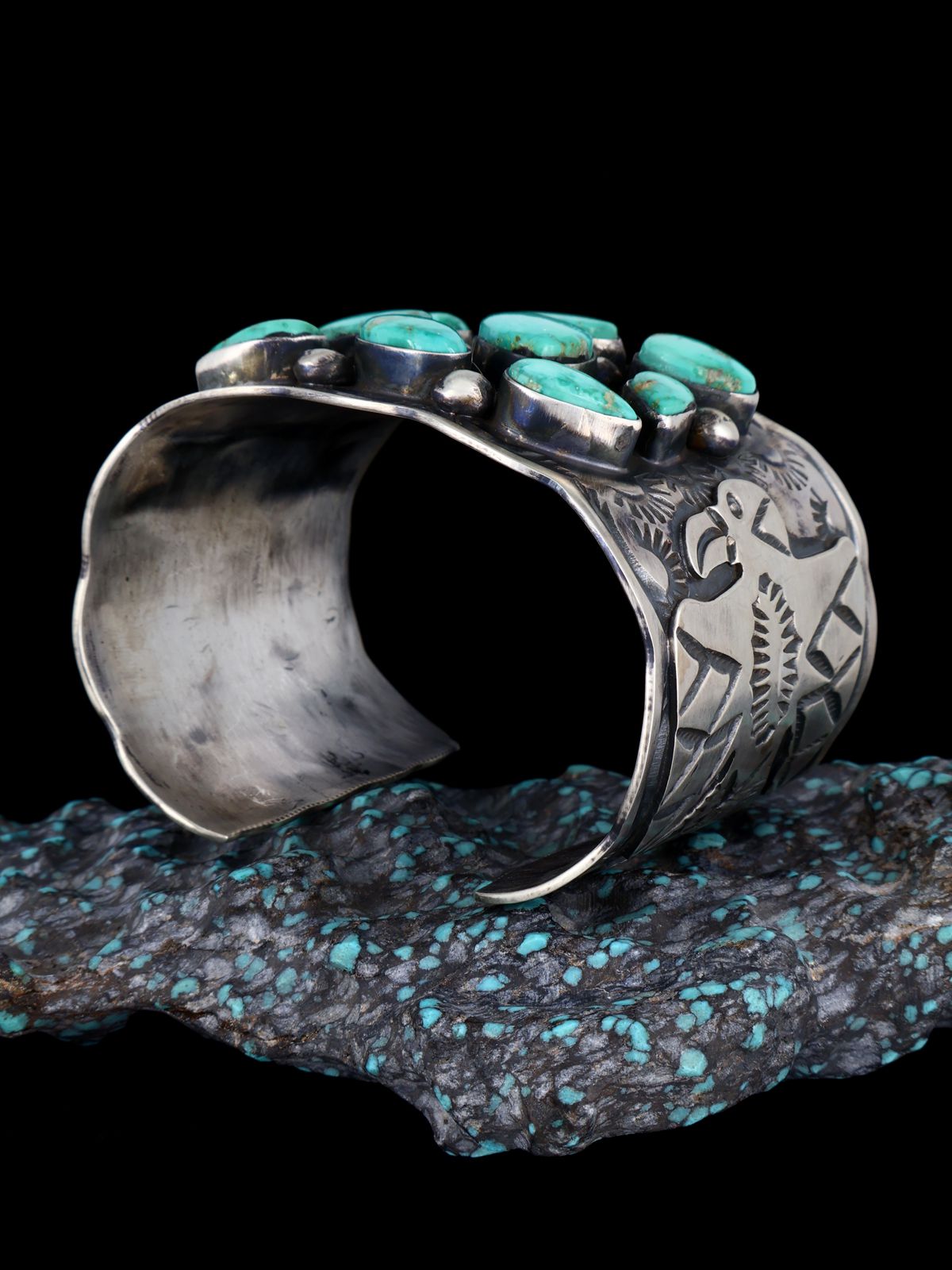 Native American Royston Turquoise Cluster Sterling Silver Cuff Bracelet