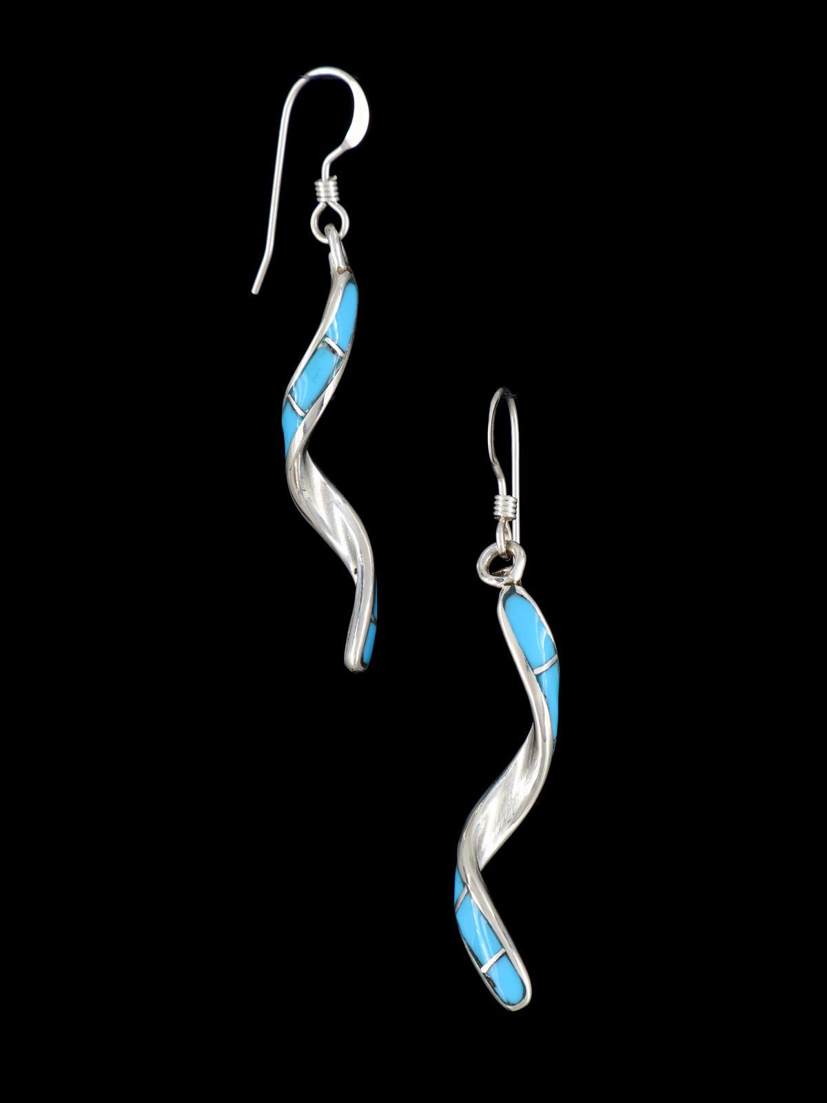 Zuni Turquoise Inlay Dangle Spiral Earrings