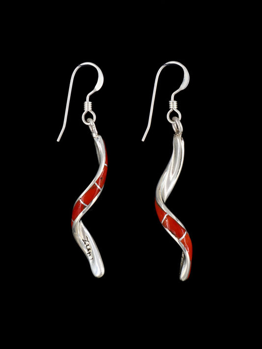 Zuni Coral Inlay Dangle Spiral Earrings