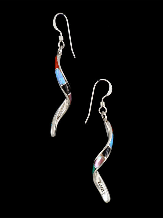 Zuni Multistone Inlay Dangle Spiral Earrings