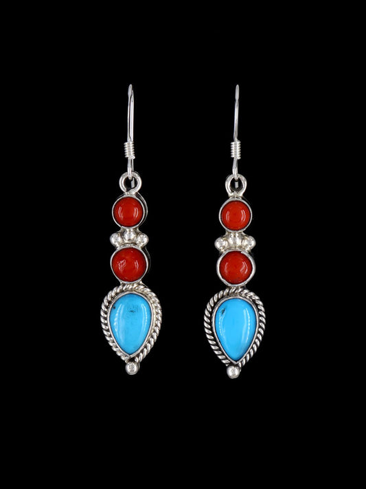 Native American Jewelry Coral and Turquoise Dangle Earrings