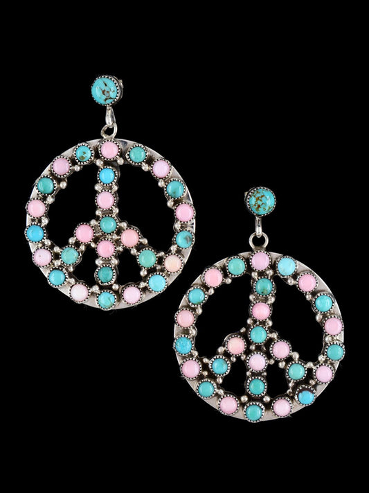 Navajo Pink Conch and Turquoise Peace Sign Post Earrings