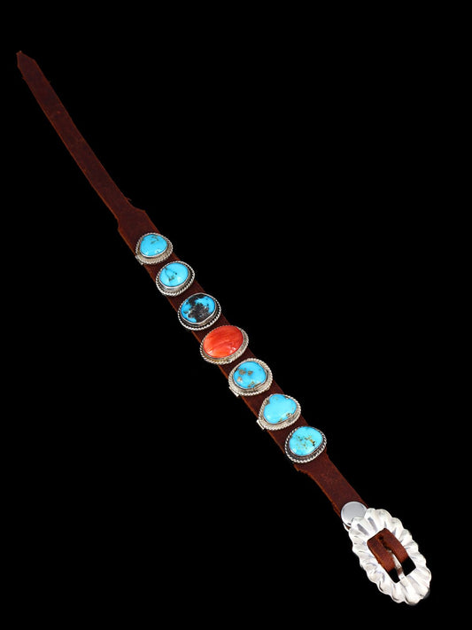 Native American Turquoise and Spiny Oyster Leather Band Bracelet