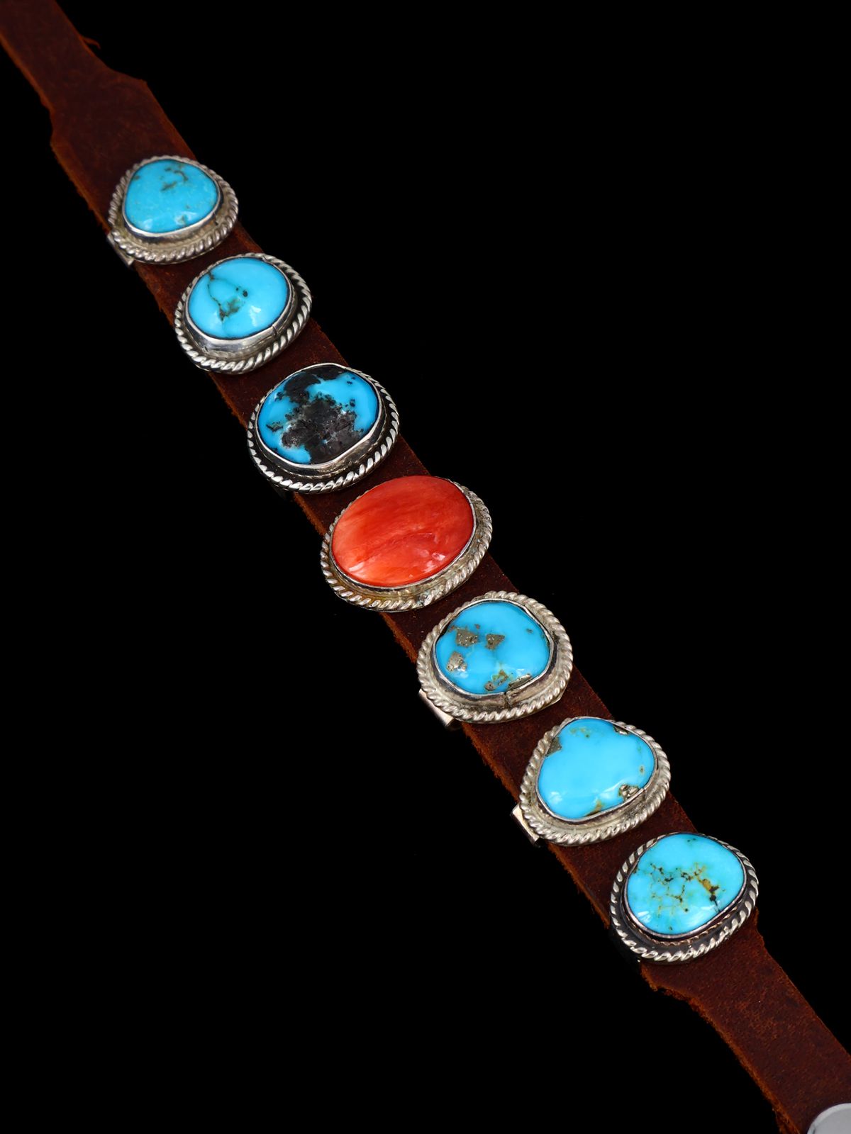Native American Turquoise and Spiny Oyster Leather Band Bracelet