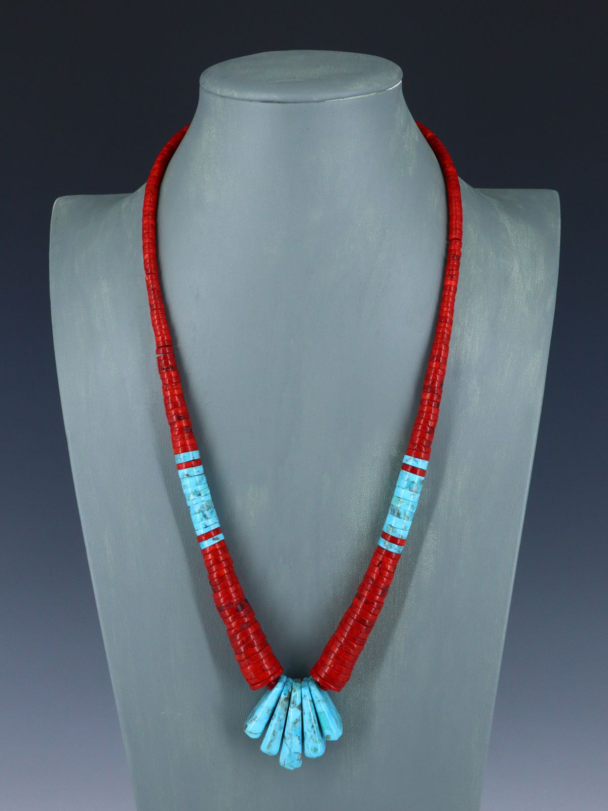 Native American Jewelry Single Strand Apple Coral and Turquoise Necklace