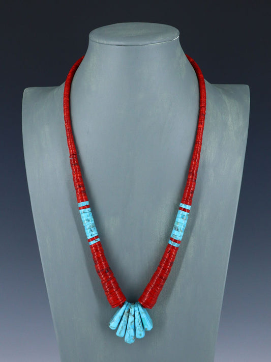 Native American Jewelry Single Strand Apple Coral and Turquoise Necklace