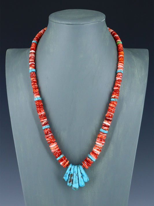 Native American Jewelry Single Strand Red Spiny Oyster and Turquoise Necklace