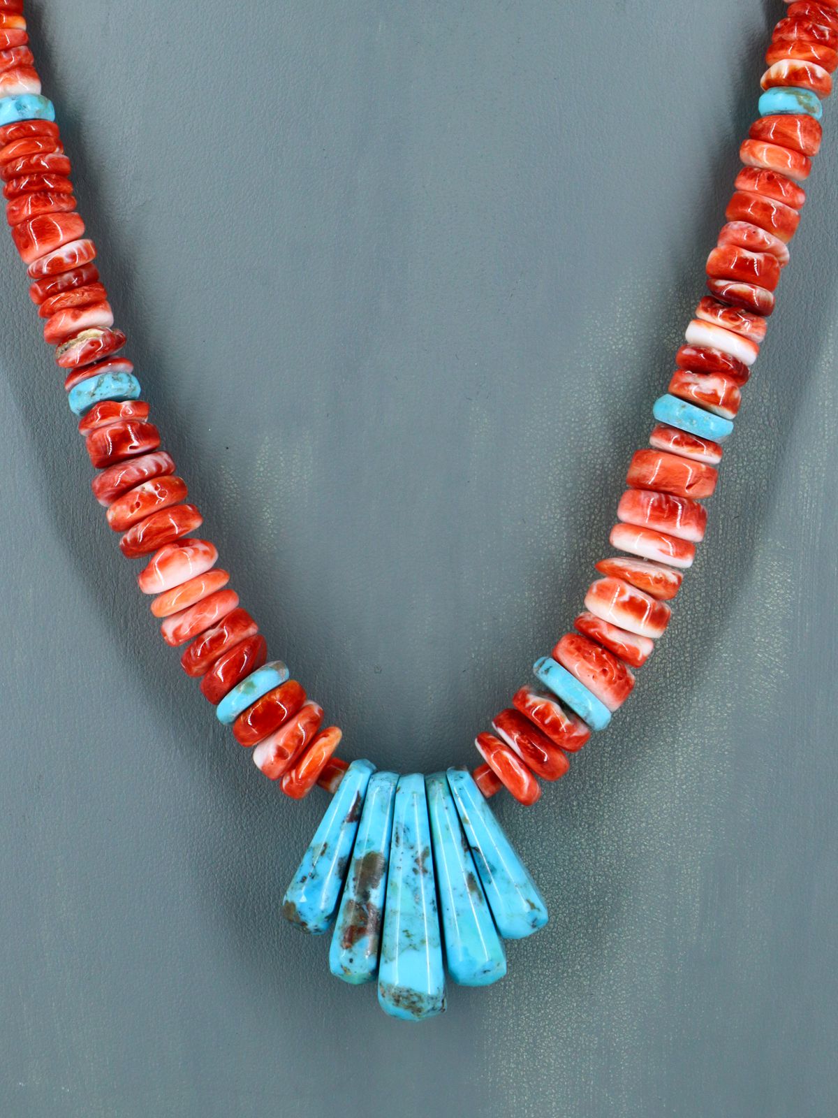 Native American Jewelry Single Strand Red Spiny Oyster and Turquoise Necklace