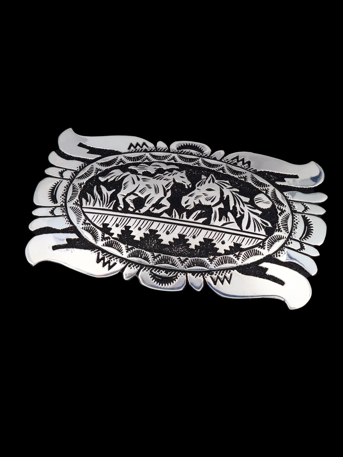 Navajo Sterling Silver Horse Overlay Belt Buckle