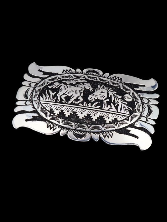 Navajo Sterling Silver Horse Overlay Belt Buckle