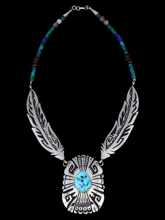 Navajo Turquoise Beaded Sterling Silver Feather Necklace