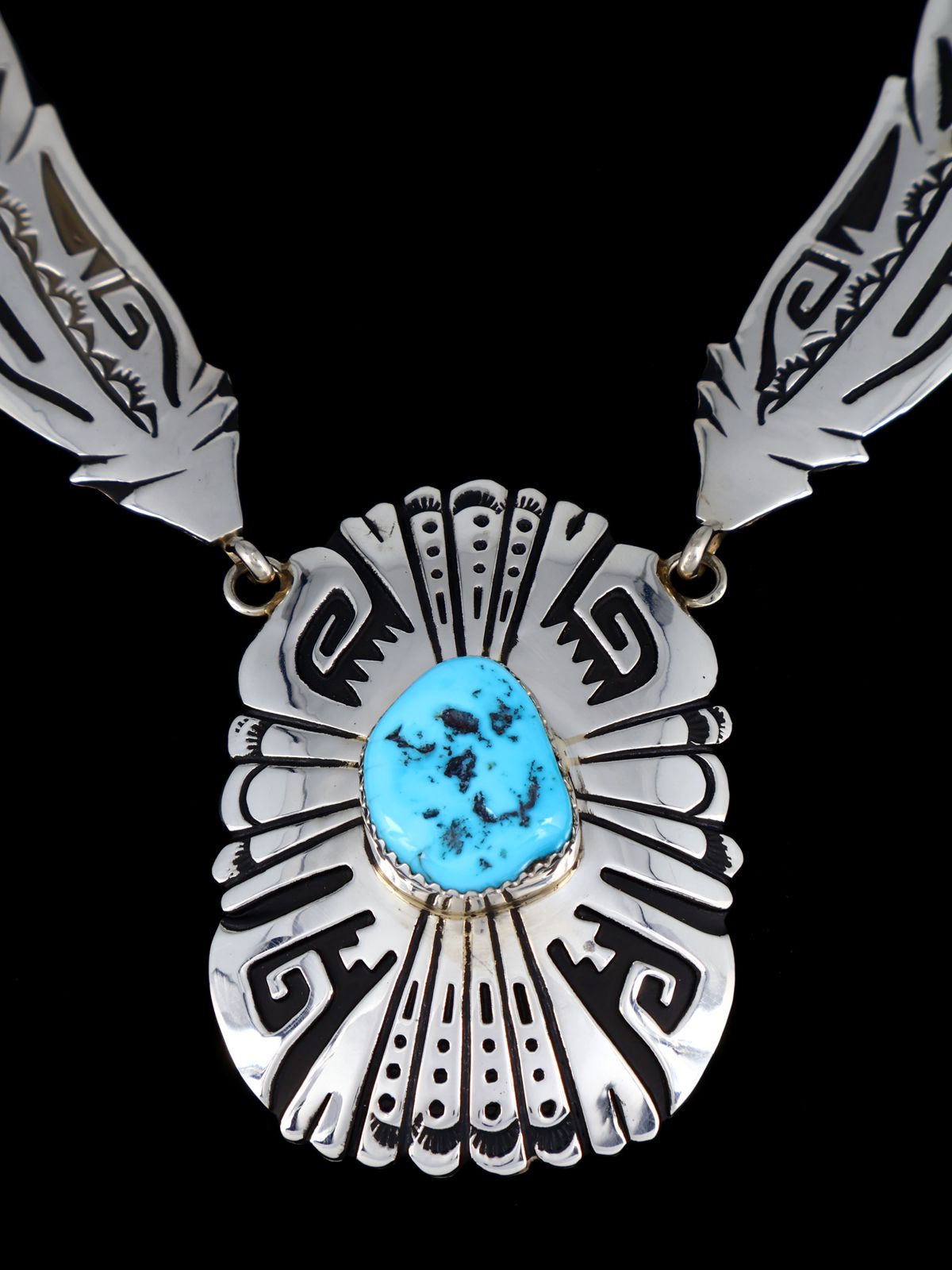Navajo Turquoise Beaded Sterling Silver Feather Necklace