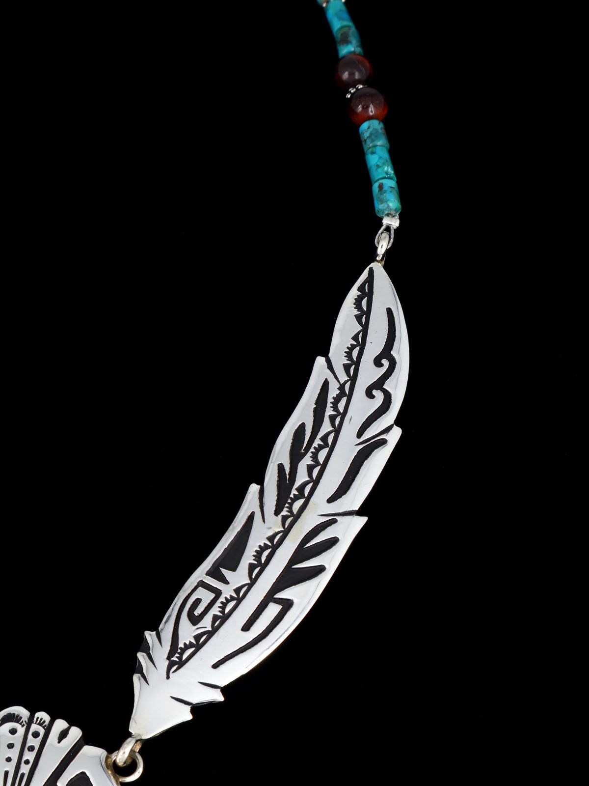 Navajo Turquoise Beaded Sterling Silver Feather Necklace