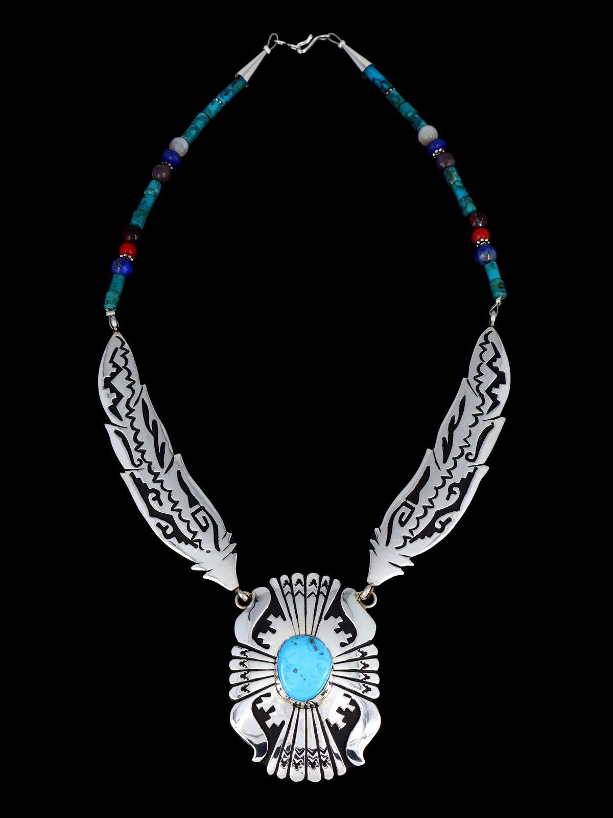 Navajo Turquoise Beaded Sterling Silver Feather Necklace