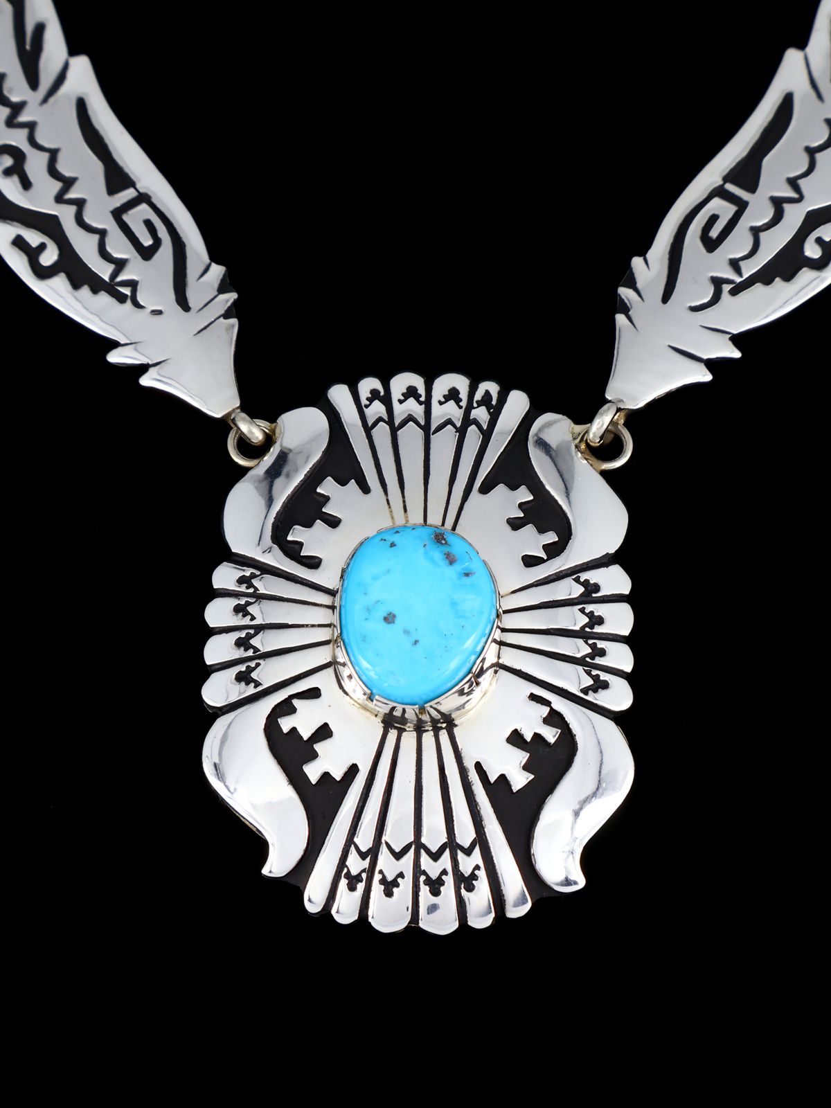 Navajo Turquoise Beaded Sterling Silver Feather Necklace