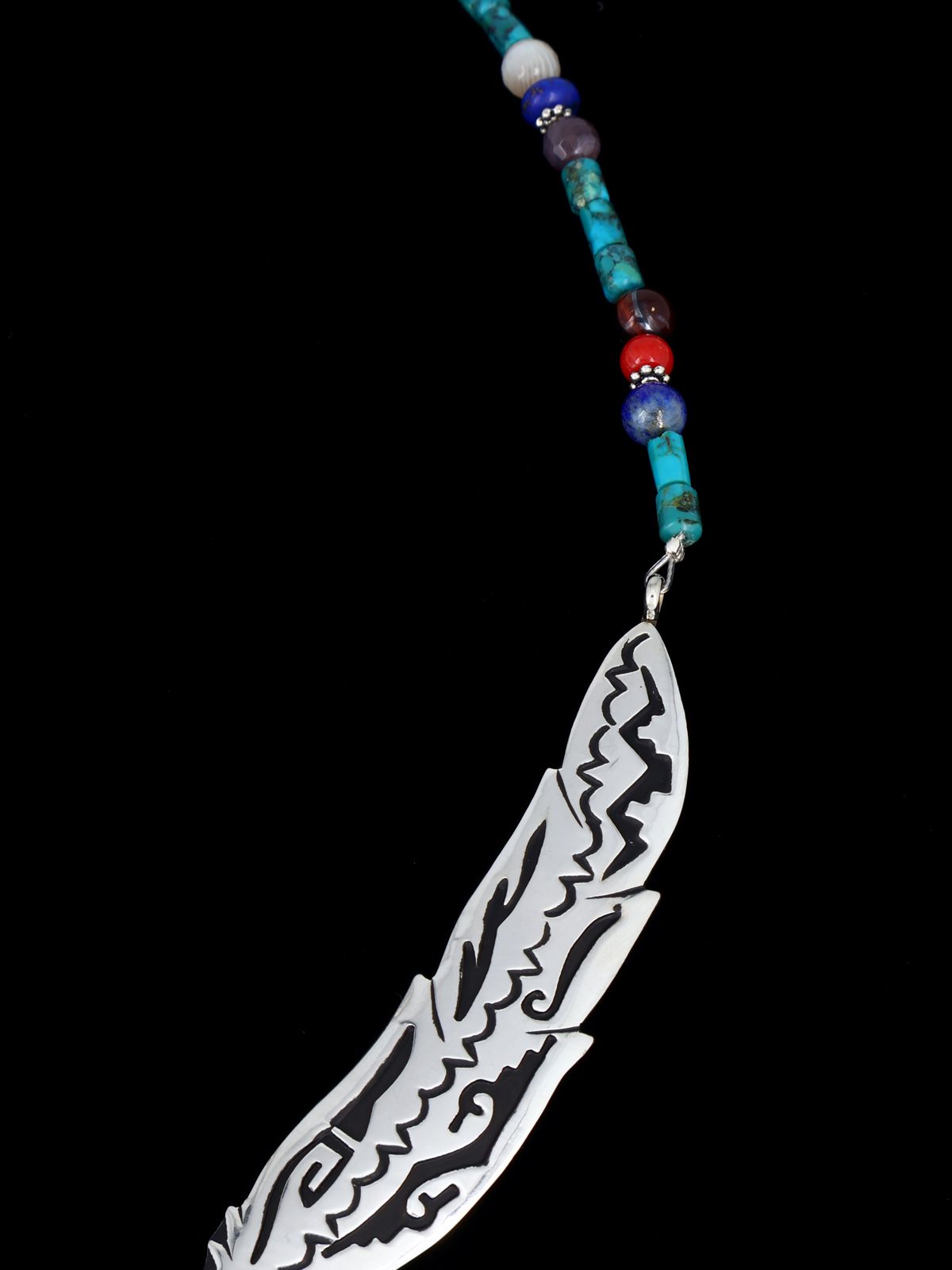 Navajo Turquoise Beaded Sterling Silver Feather Necklace