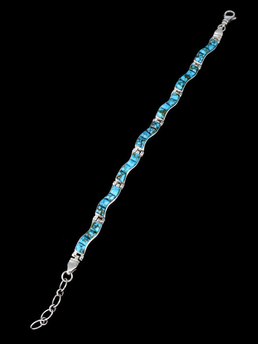 Native American Sterling Silver Kingman Turquoise Inlay Link Bracelet