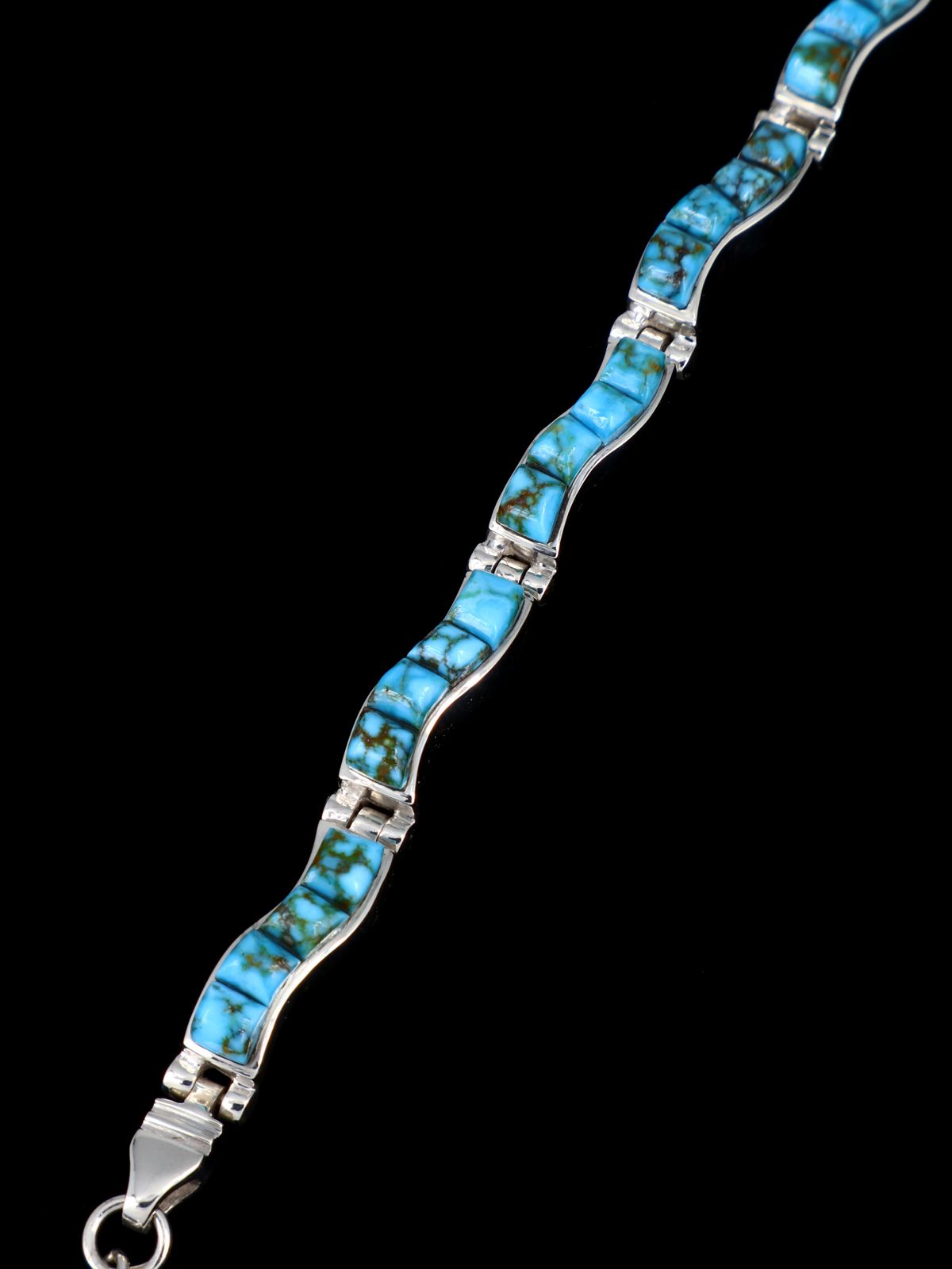 Native American Sterling Silver Kingman Turquoise Inlay Link Bracelet