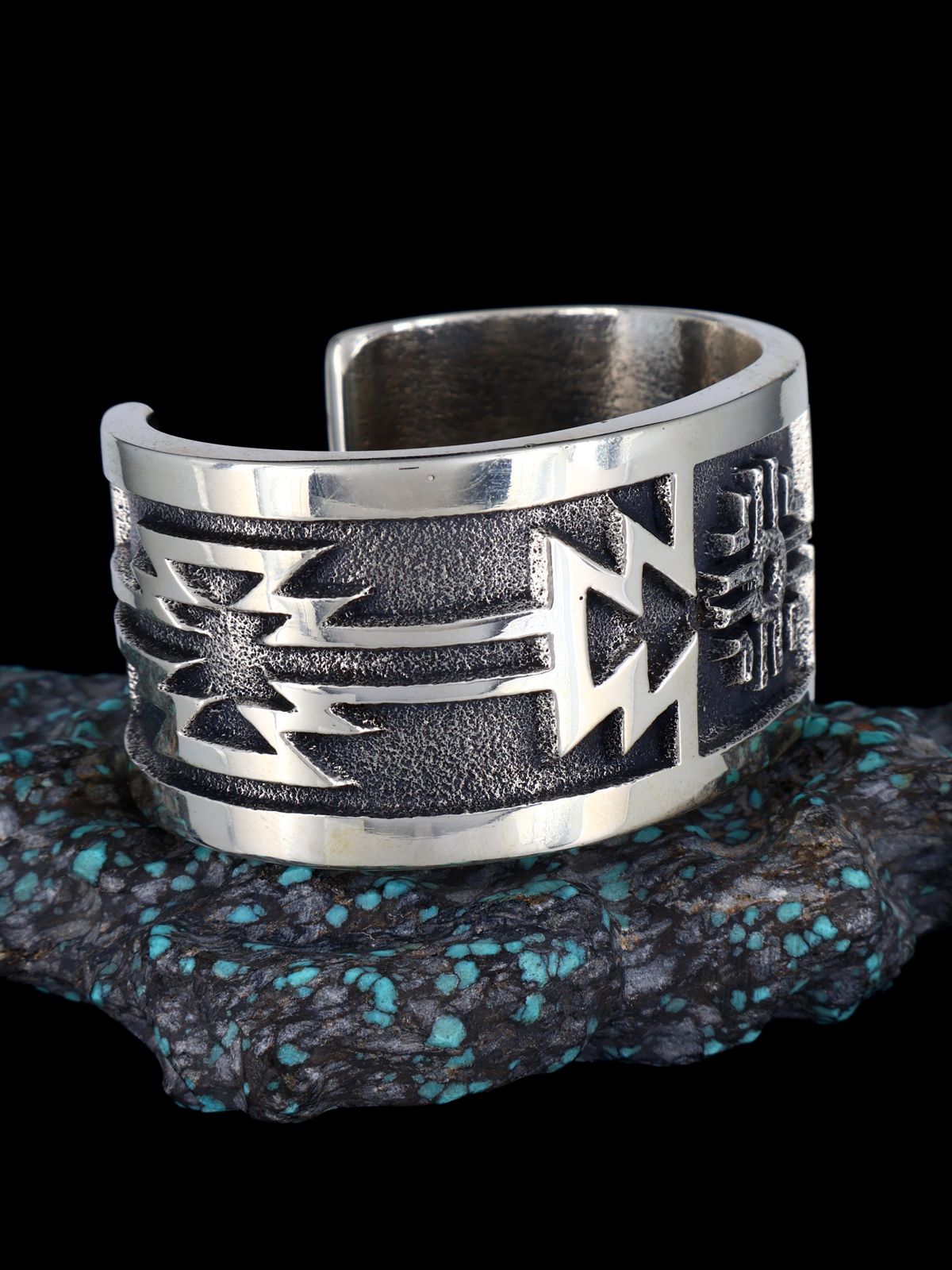 Navajo Tufa Cast Heavy Sterling Silver Zia Cuff Bracelet